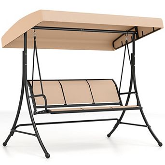 Costway 3-Seat Patio Swing Chair, Outdoor Swing with Adjustable Canopy, Heavy-Duty Stand