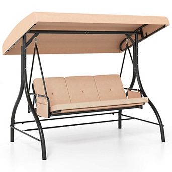 Costway 3-Seat Patio Swing with Canopy with Removable Cushions & Side Pockets Stand
