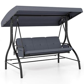 Costway 3-Seat Patio Swing with Canopy with Removable Cushions & Side Pockets Stand