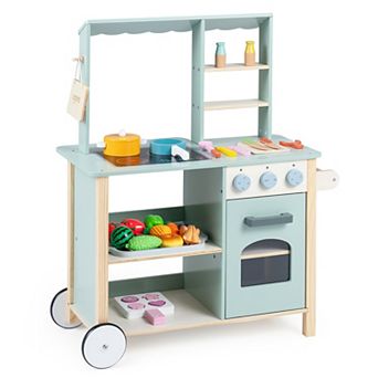 Costway Play Kitchen for Kids, Wooden Kitchen Playset with Cookware Accessories, Wheels