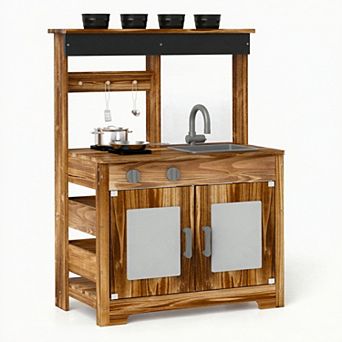 Costway Kids Mud Kitchen Set with Removable Sink Faucet Dual Stoves 4 Planting Pots
