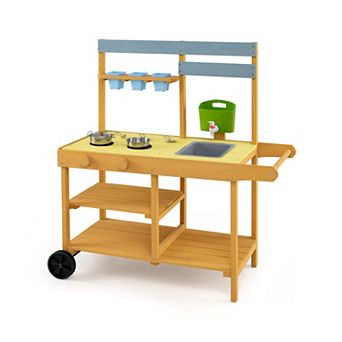 Costway Mud Kitchen for Kids, Wooden Outdoor Play Kitchen with Flowerpots, Sink, Water Tank