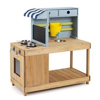Costway Mud Kitchen with Canopy, Fir Wood Play Kitchen Set for Boys & Girls with Water Tank