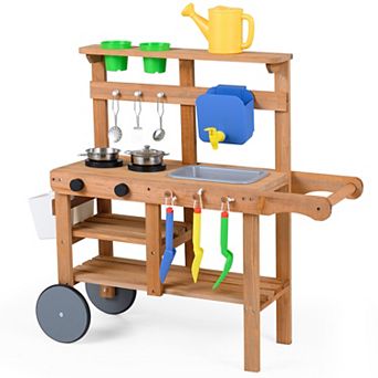 Costway Mud Kitchen for Kids with Wheels, Removable Sink, Cooking and Gardening Accessories