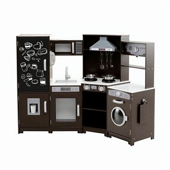 Costway Corner Kids Play Kitchen Wooden Pretend Toy Kitchen with Realistic Lights