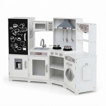 Costway Corner Kids Play Kitchen Wooden Pretend Toy Kitchen with Realistic Lights