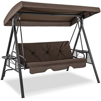 Costway 3-Seat Patio Porch Swing with Adjustable Canopy Soft Seat Back Cushions Side Tables