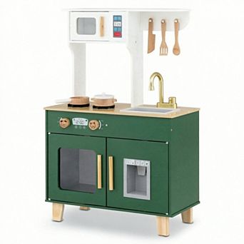 Costway Kids Play Kitchen with Microwave Stoves Rotation Knobs Ice Dispenser Faucet Sink
