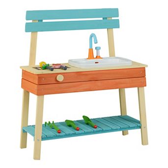 Costway Play Kitchen for Kids Wooden Toy Kitchen Playset with Wood Skewers Grill Rack