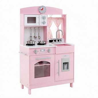 Costway Play Kitchen with 3 Adjustable Heights, Microwave, Stoves, Sink, Oven, Ice Maker