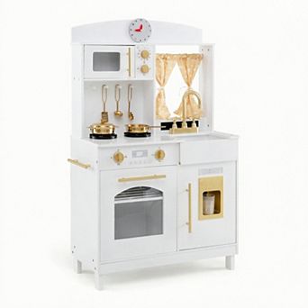 Costway Play Kitchen with 3 Adjustable Heights, Microwave, Stoves, Sink, Oven, Ice Maker
