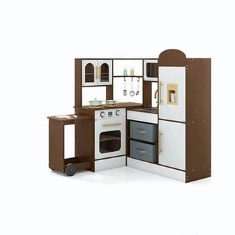 Costway Corner Kitchen with Lights and Sounds Interactive Wooden Playset Toy Kitchen Set