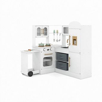 Costway Corner Kitchen with Lights and Sounds Interactive Wooden Playset Toy Kitchen Set