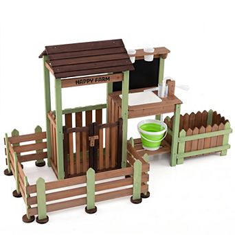 Costway Patio Mud Farm Playset Gift for 3+ Wooden Barnyard Pretend Toy w/ Raised Planter Box