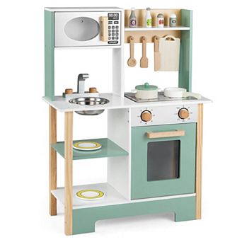 Costway Play Kitchen with Chalkboard Microwave Stove Dish Rack Faucet Sink Accessories