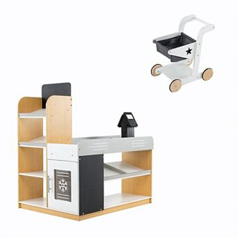 Costway Kids Grocery Store with Shopping Cart Cash Register Scanner Blackboards Toddlers