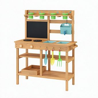 Costway Kids Mud Kitchen with Faucet Removable Sinks Chalkboard Stovetops Rotation Knobs