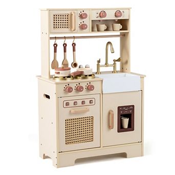 Costway Kids Play Kitchen, Wooden Pretend Kitchen Playset with Rattan Doors, Stoves