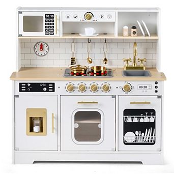 Costway Play Kitchen for Kids, Wooden Kitchen Playset with Realistic Lights & Sounds
