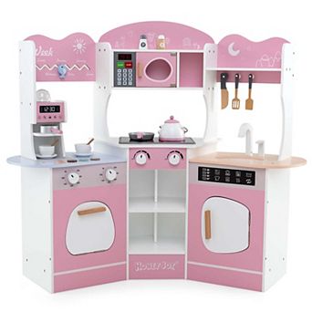 Costway Corner Kitchen Playset with Coffee Machine Oven Microwave Washing Machine