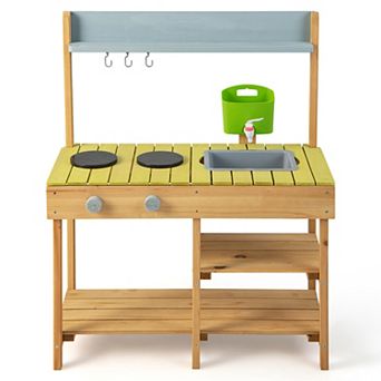 Costway Outdoor Mud Kitchen Set Fir Wood Kids Play Set with Removable Water Box
