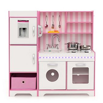 Costway Kids Kitchen Playset Wooden Toy with Adjustable LED Lights & Washing Machine