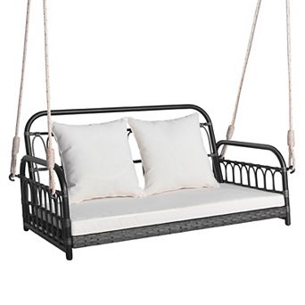 Costway Patio Swing Chair 2-Person Hanging Seat Outdoor Wicker Loveseat Cushioned Porch