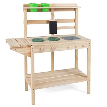 Costway Kids Play Kitchen Set Wooden Kitchen Playset with Stoves Sink Rotation