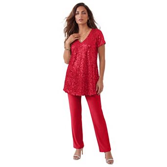 Roaman's Women's Plus Size Petite Plus-Size 2 pc S/S Sequin Top And Pant Set
