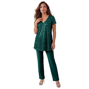Roaman's Women's Plus Size Petite Plus-Size 2 pc S/S Sequin Top And Pant Set