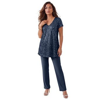 Roaman's Women's Plus Size Plus-Size 2 pc S/S Sequin Top And Pant Set