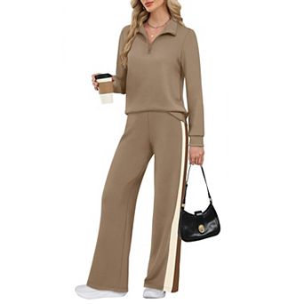 Womens 2 pc Lounge Set Wide Leg Pants Half Zip Sweatshirt Travel Outfits