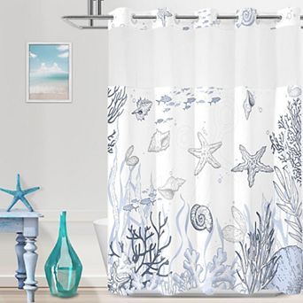 No Hook Shower Curtain Liner Set Nautical Beach Design Waterproof Quick Dry Easy Install