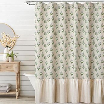 Linen Textured Ruffle Shower Curtain Vintage Boho Farmhouse Bathroom Decor