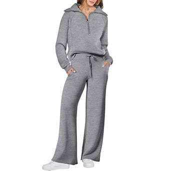 Womens 2 pc Loose Half Zip Top Wide Leg Pants Lounge Travel Set