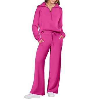 Womens 2 pc Loose Half Zip Top Wide Leg Pants Lounge Travel Set