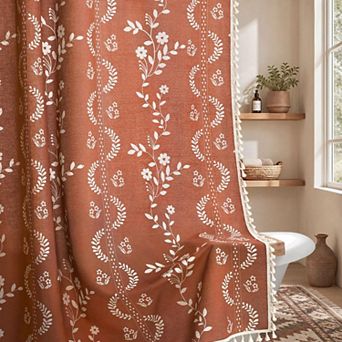 Boho Farmhouse Shower Curtain Tassels Linen Blend Botanical Print