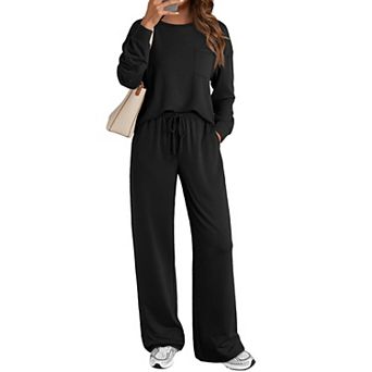 Womens 2 pc Lounge Set Wide Leg Pants Long Sleeve Loungewear