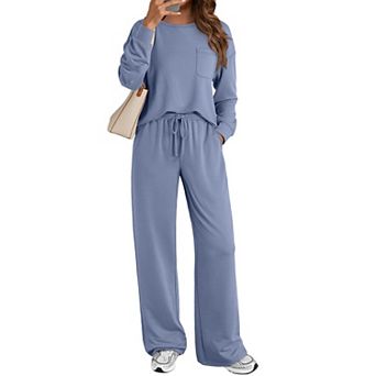 Womens 2 pc Lounge Set Wide Leg Pants Long Sleeve Loungewear