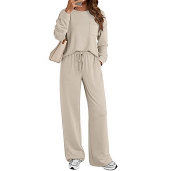 Womens 2 pc Lounge Set Wide Leg Pants Long Sleeve Loungewear