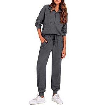 Womens 2 pc Ribbed Knit Matching Lounge Set Half Zip Top Jogger Pants Athleisure Outfit
