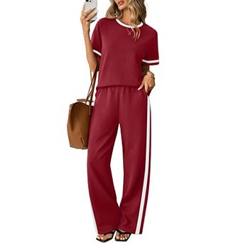 Womens 2 pc Short Sleeve Lounge Set Wide Leg Pants Pockets Casual Wear