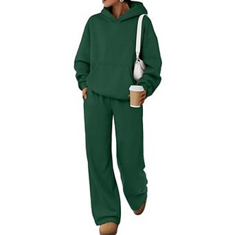 Womens 2 pc Oversized Wide Leg Lounge Set Kangaroo Pocket Soft Fleece