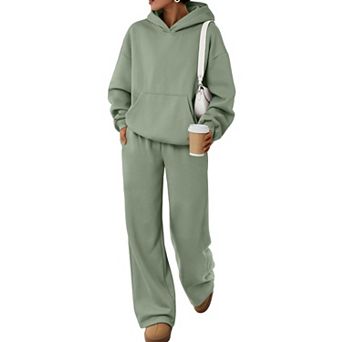 Womens 2 pc Oversized Wide Leg Lounge Set Kangaroo Pocket Soft Fleece