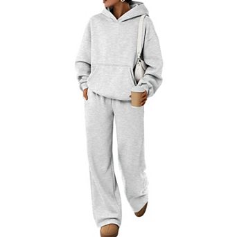 Womens 2 pc Oversized Wide Leg Lounge Set Kangaroo Pocket Soft Fleece