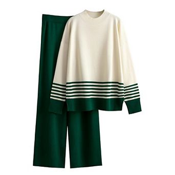 Womens 2 pc Knit Lounge Set Turtleneck Tops Wide Leg Pants
