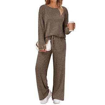 Womens 2 pc Soft Stretch Lounge Set Casual Long Sleeve Loungewear With Pockets