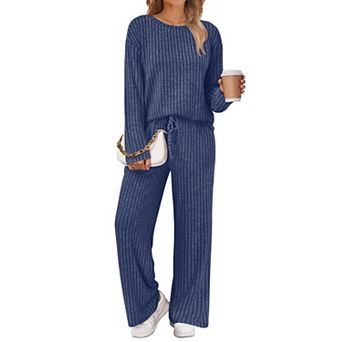 Womens 2 pc Soft Stretch Lounge Set Casual Long Sleeve Loungewear With Pockets