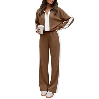 Womens 2 pc Half Zip Collar Sweatshirt Wide Leg Pants Lounge Set