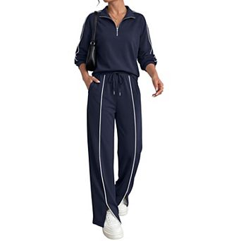 Womens 2 pc Long Sleeve Zip Up Lounge Set Wide Leg Pants Matching Tracksuit